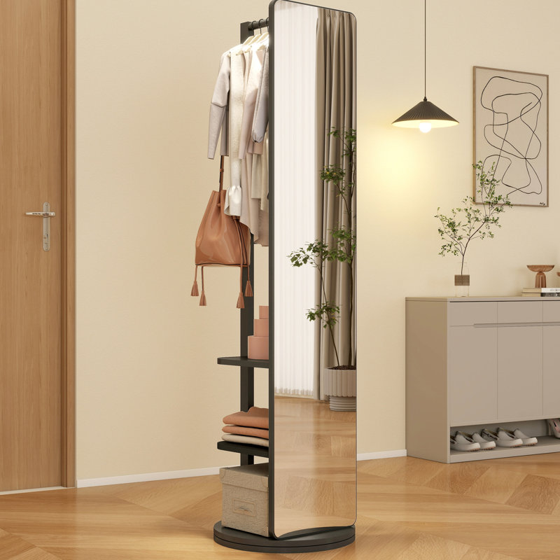 Black Full Mirror With Solid Wood & Rubber Construction And Glass, 65.7*17.7In  Mirror Width 13.7In , For Living Room Improves Home Appearance Function