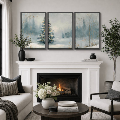 " Snowy Christmas Tree Forest Artwork, Living Room Pictures, Framed Canvas Giclee Print 3 Pieces Wall Art - 16"x24"x3pcs, 24"x36"x3pcs "