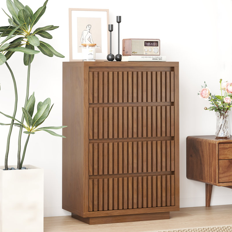 Commode cannelée H 37 po x l 23,6 po à 4 tiroirs, armoire de rangement à tiroir simple, rangement en bois