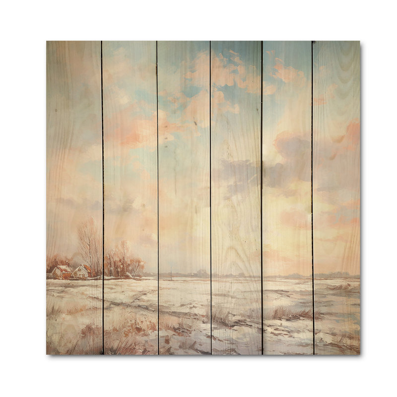 «Clouds Winter Scenery In Country Side - Clouds Wood», art mural sur bois de pin naturel, H 15 po x l 15 po