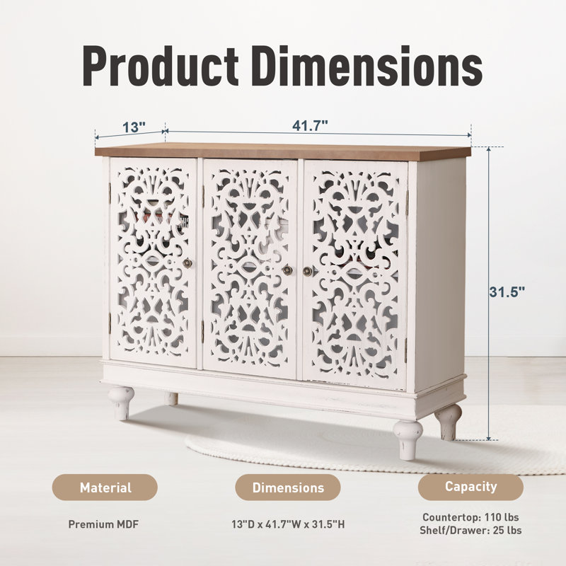 White 3-Door Carved Wood Sideboard with Adjustable Shelving