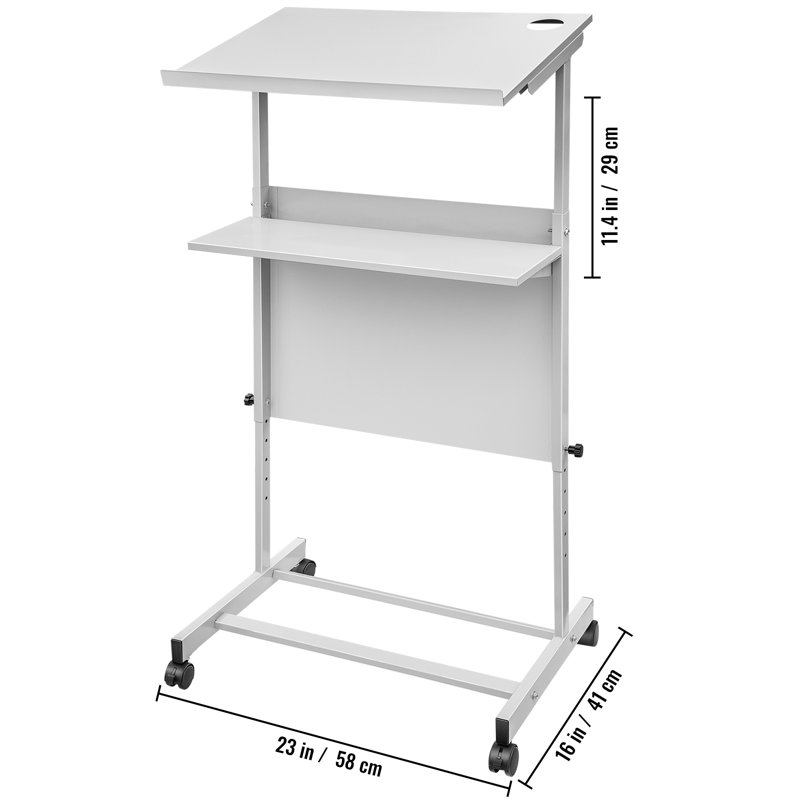 Adjustable White Steel Standing Lectern with Storage Shelves
