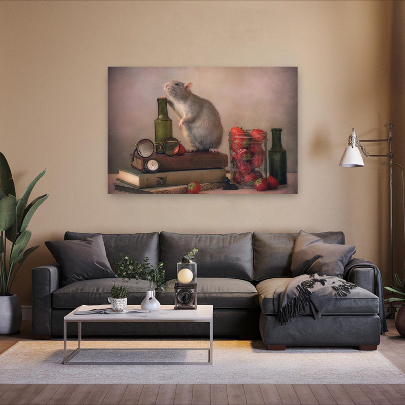 Curious Rat And Strawberries Delicate Elegant Rustic Animal Fruit Wall Art Print - Print, 101.6cm H x 152.4cm W