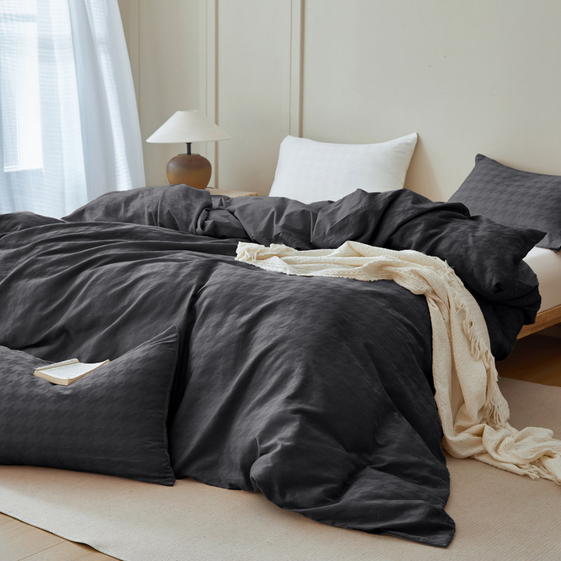 Literie 100 % coton à motif pied-de-poule et tissage gaufré, Queen, Charcoal Grey