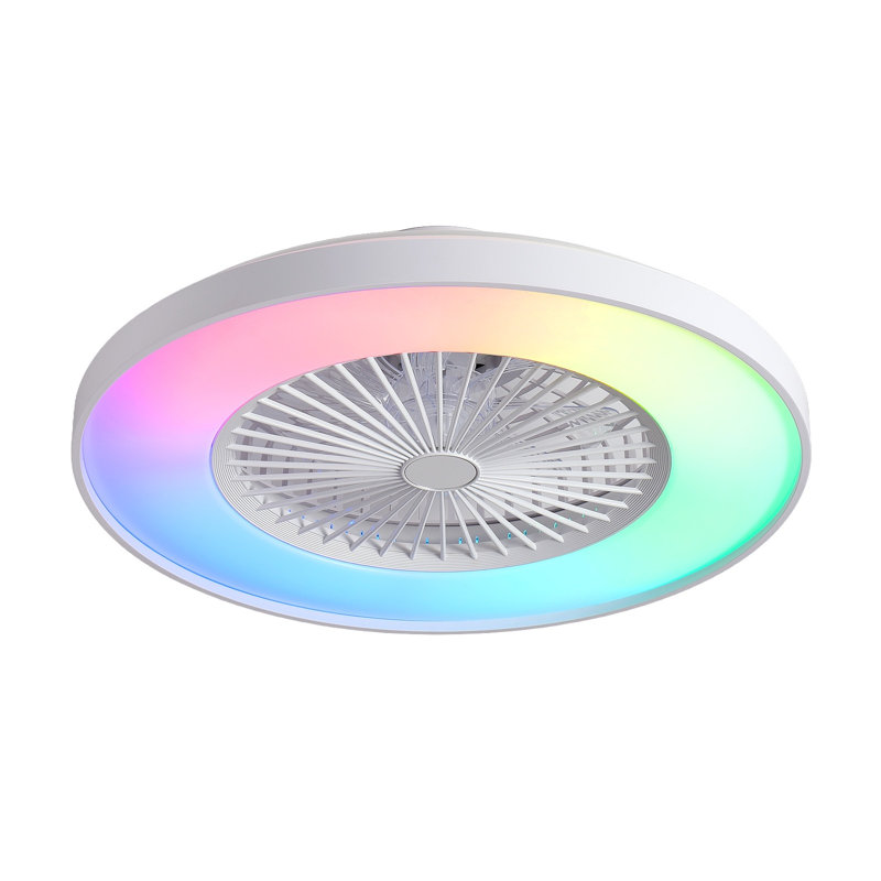 Ventilateur de plafond sans lame à profil bas de 24 po avec éclairage à DEL RVB, application intelligente et commande vocale, moteur à courant continu à 6 vitesses, luminaire à intensité variable pour chambre à coucher, blanc