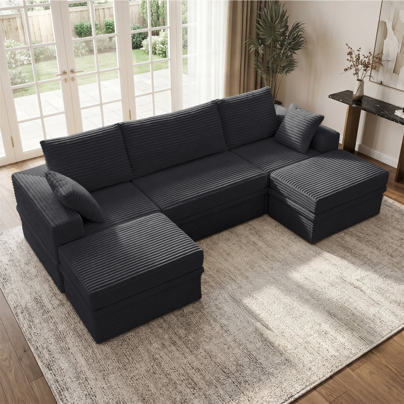 107"W Boneless U-Shaped Sectional Sofa, Cloud Modular Corduroy Couch with Chaise, 2 Ottomans & Hidden Storage, Extra Deep Seat Corner Sofa, Minimalist Living Room Furniture, Easy Assembly Required