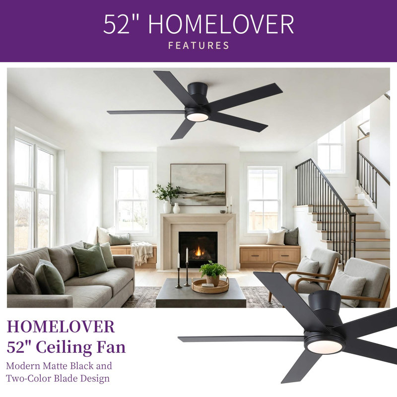 Homelover 52" Modern Flush Mount Ceiling Fan With Light Low Profile DC Reversible Ceiling Fan Dual‑Sided Blades 3Cct Dimmable Reversible Dc Motor Timer Memory