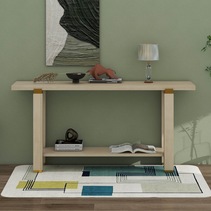 Console de 62,9 po avec console minimaliste moderne, canapé d'entrée en bois de pin massif avec détails en métal, tablette de rangement ouverte