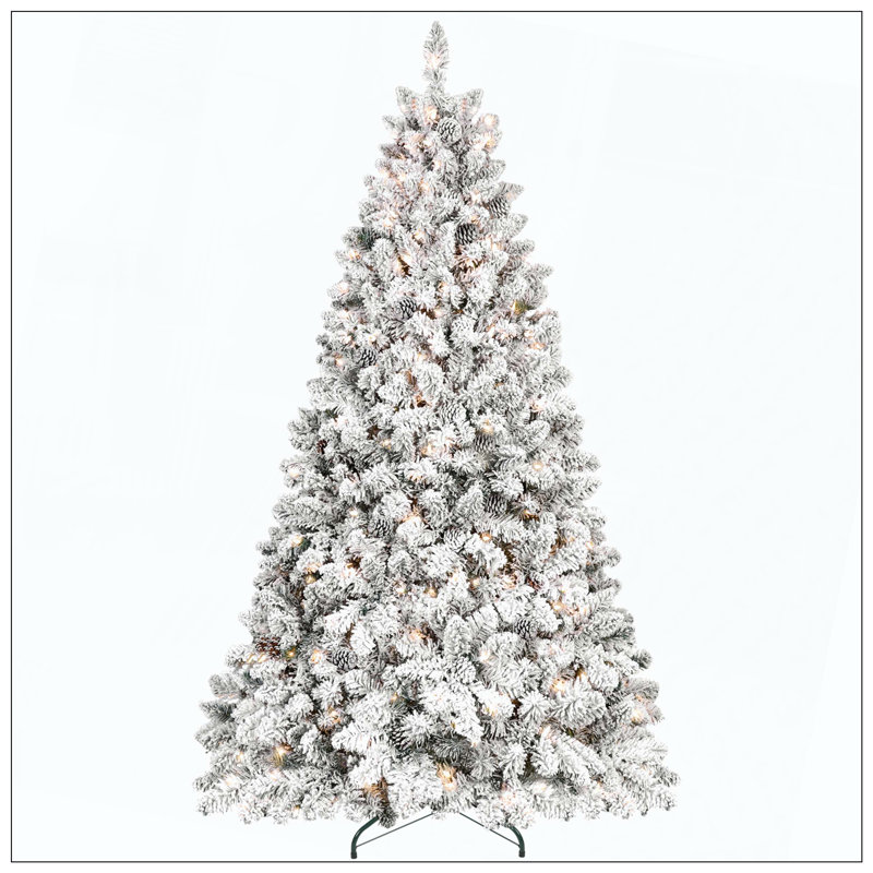 Arbre de Noël floqué avec cônes - pointes en PVC enneigées, structure à charnières, support en métal stable, installation facile