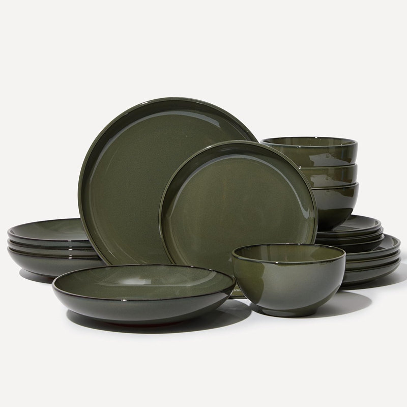 16 Piece Double Bowl Dinnerware Sets Service for 4, Blackish Green