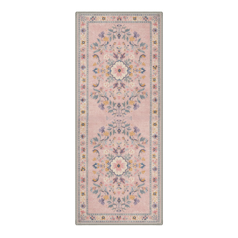 Airville Floral Machine Washable Blush/Beige/Teal Indoor Area Rug With Non-Slip Backing, Runner 2' x 6'