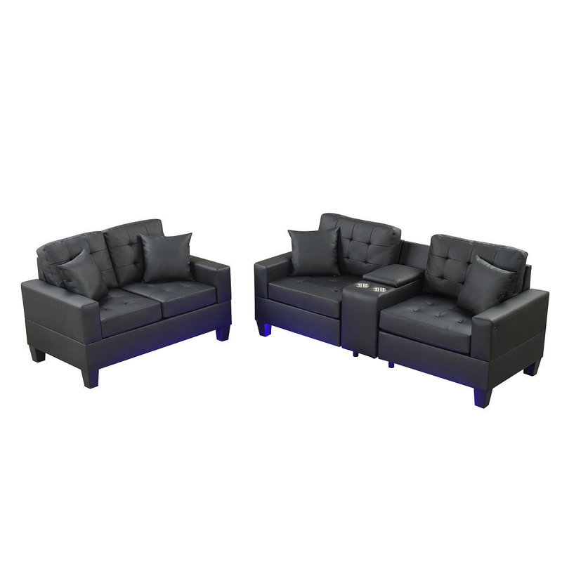 Ensemble de salon 2 pièces en tissu de PVC avec lumières DEL, noir