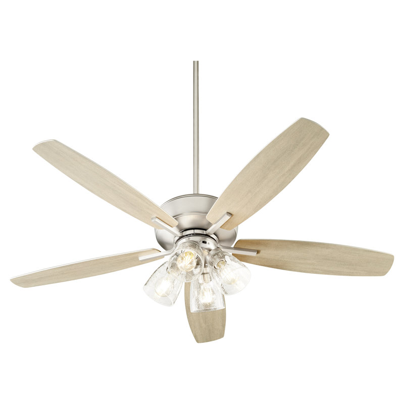 Ventilateur de plafond standard à 5 pales 52 po avec chaîne de traction et ensemble d'éclairage inclus, Nickel satiné