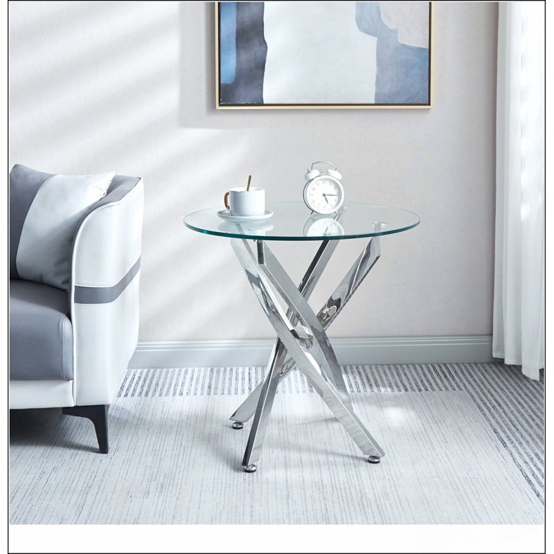 Table de bout moderne en verre trempé avec pieds en acier inoxydable, H 21,85 po x L 23,62 po x l 23,62 po, Argent argent