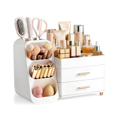 Makeup Organizer with Brush Holder for Vanity, Large Plastic Bathroom Countertop Organizer Skin Care Storage(All White)