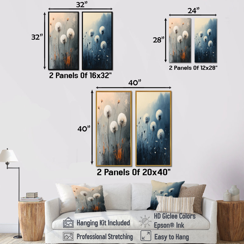 Pissenlit silencieux dans un minimalisme I - Art mural floral, 2 panneaux, H 32 po x l 33 po, Cadre flottant brun