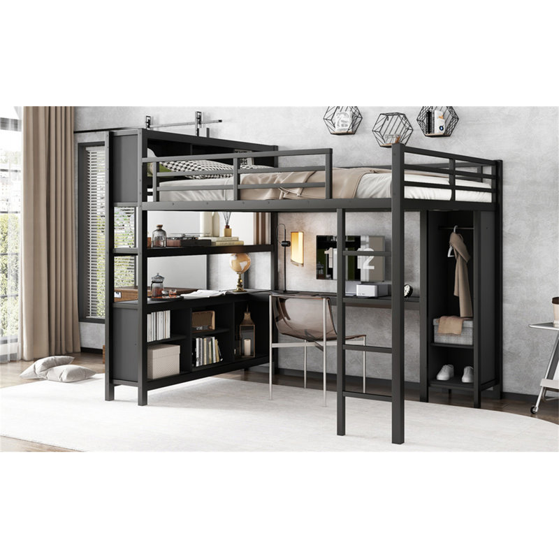 Lit mezzanine en métal avec garde-robe, bureau en L et rangement, grand lit, robuste pour enfants, adolescents et adultes