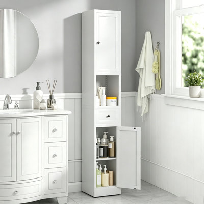 Armoire de rangement haute et étroite en métal avec 2 portes, tablettes réglables et conception compacte pour la cuisine, la salle de lavage et le garde-manger en blanc