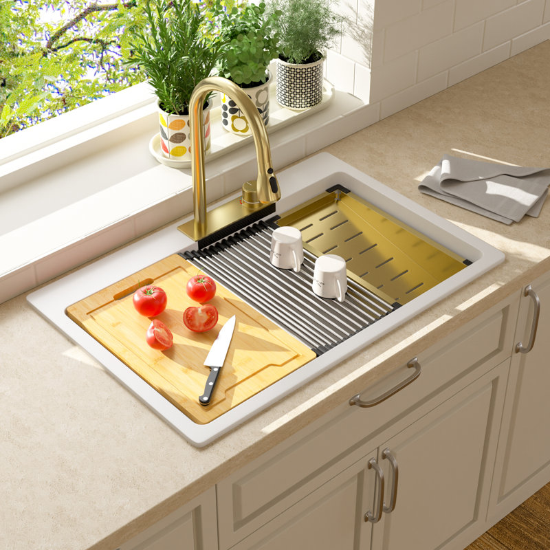Quartz 33" X 22" Granite Composite Drop In Kitchen Sink Workstation Waterfall Single Bowl Sink, Brushed Gold, White