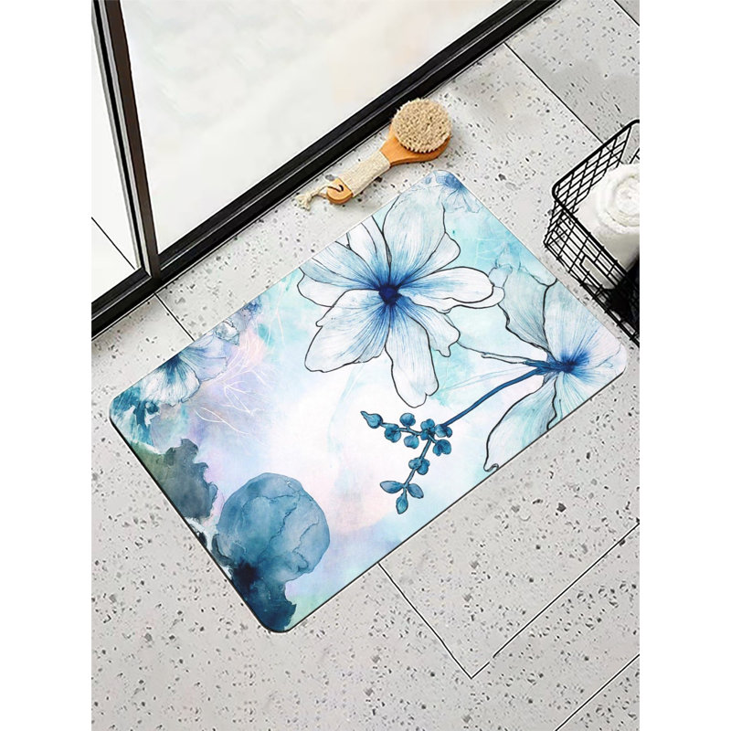 Tapis de bain aquarelle bleu floral, 16 po x 24 po