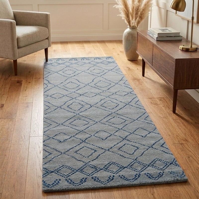 Light Blue 2'6" x 10' Wool Handmade Geometric Hand Knotted Runner Indoor Area Rug, Runner 2'6" x 10'