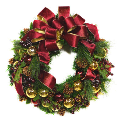 Holiday Wreath with Burgundy and Gold Wreath with Berries, Ornaments and Pinecones