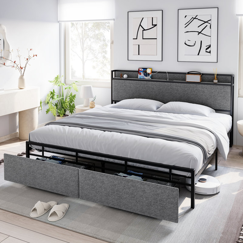 Structure de lit très grand avec rangement très grand lit, plateforme tapissier avec 2 tiroirs, tête de lit à tablette haute, station de charge (USB et prises), robuste, aucun sommier nécessaire - gris foncé