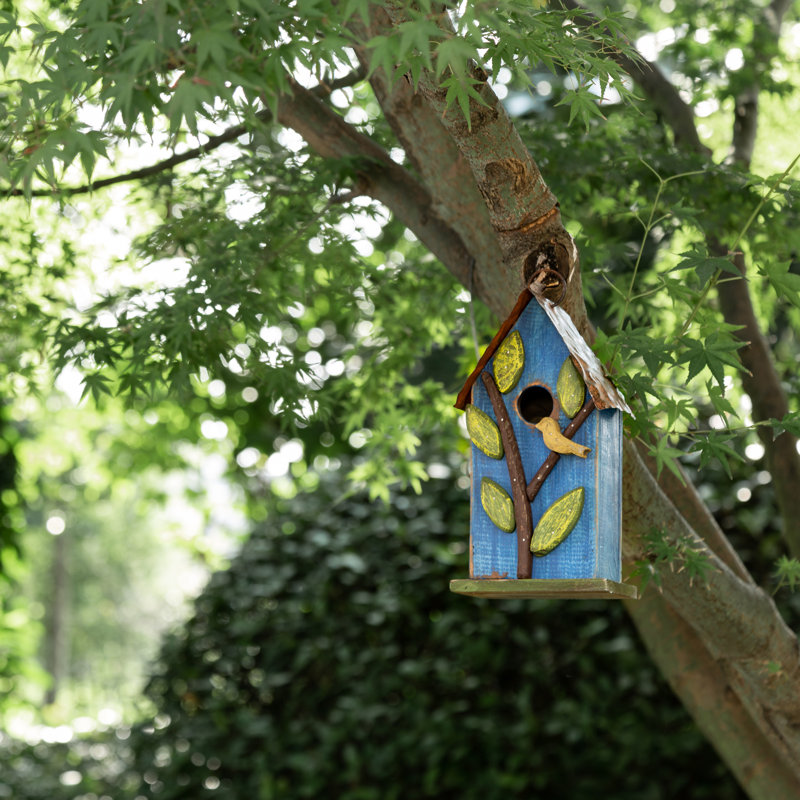 Strader Distressed Solid Wood Cottage Decorative Outdoor Garden Birdhouse with 3D Tree, Blue/Green/Brown