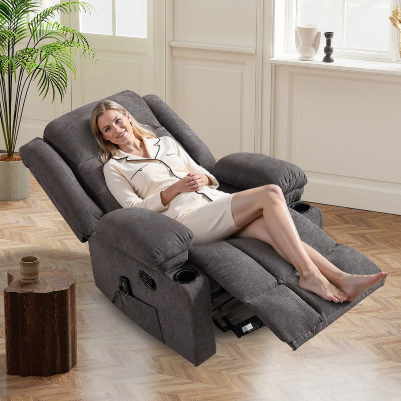 3-Position Adjustable Manual Recliner with Cup Holders, White Polyester