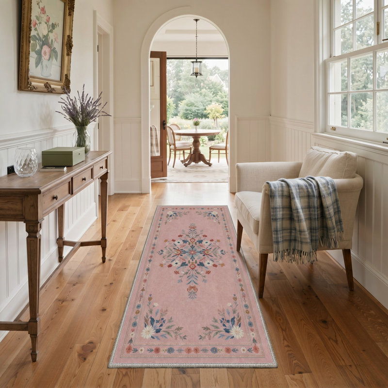 Tapis de couloir oriental délavé rétro lavable à la machine, tapis traditionnel rose et bleu antidérapant pour entrée de cuisine