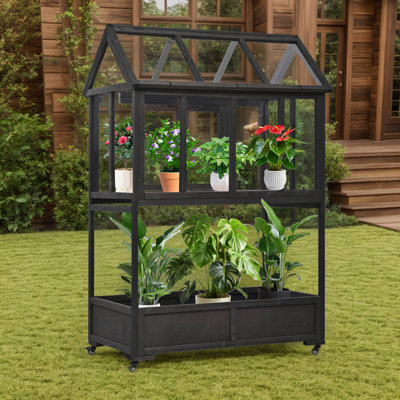 Wooden Greenhouse With Openable Roof And Storage Box