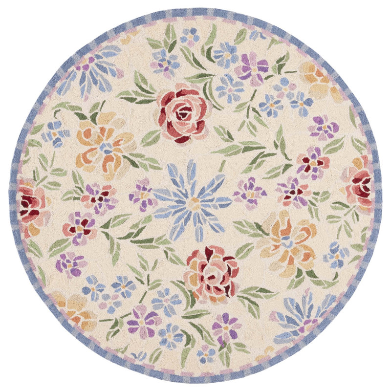 Papillon Hand Hooked Wool Pile Floral Rug, Round 5'6"