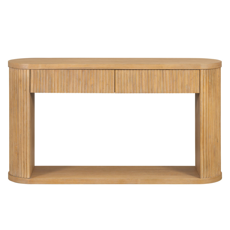 TREXM Oval Fluted Console Table with 2 Drawers and Bottom Shelf, Natural Solid Wood Veneer Entryway Table, Brown