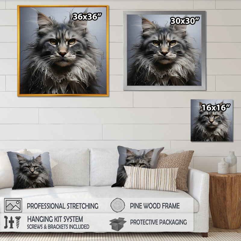 Maine Forestcat Majesty Cat II - art mural chat, 16" H x 16" W, Cadre flottant doré