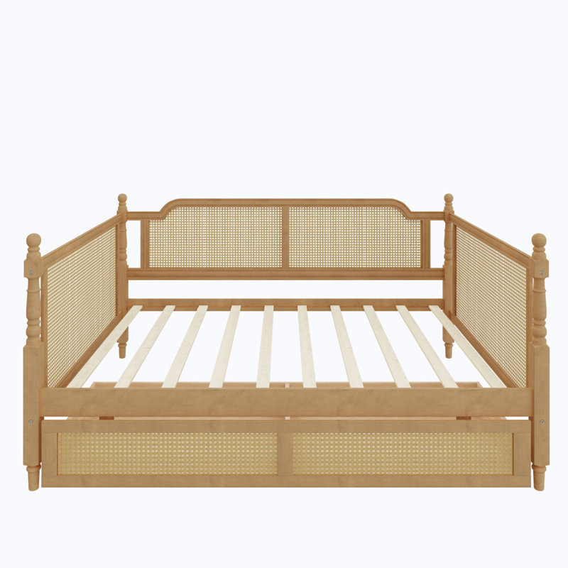 Traditional Style Rattan Daybed with 2 Drawers, Twin, Walnut 1