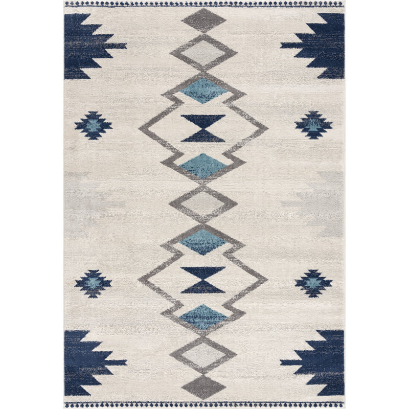 Tapis de couloir bleu et ivoire Strathearn Southwestern, Rectangle 2 pi 3 po x 3 pi 7 po
