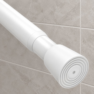 A white bathroom tension shower rod adjustable from 29.5-39 inch with a 7/8" diameter; the no-drill design also suits windows and doorways.