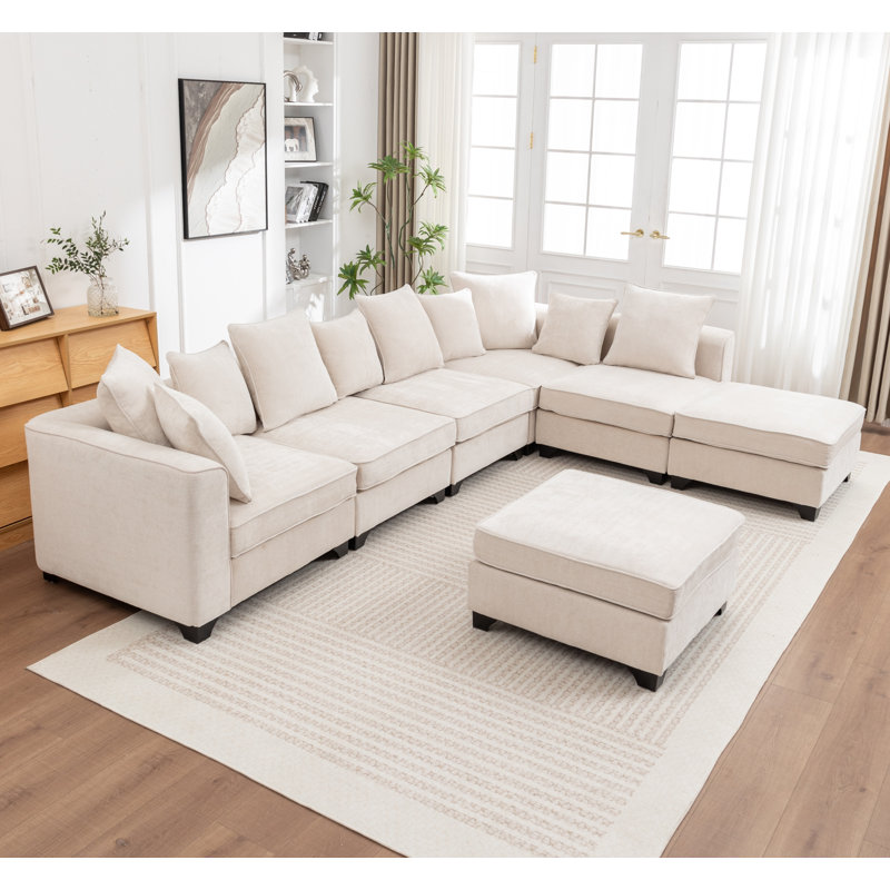 Canapé modulaire en L 7 pièces Bennett, Chenille beige