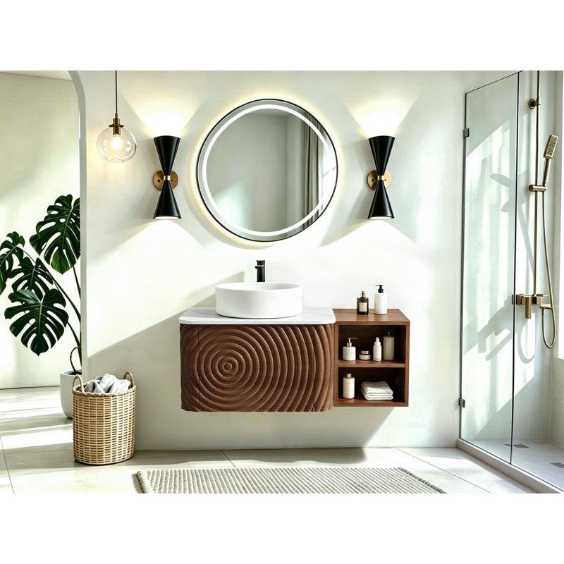 Ensemble de meuble-lavabo mural, lavabo de salle de bain flottant avec lavabo rond en céramique et armoire latérale, ensemble de meuble-lavabo texturé à ondulation d'eau pour les petits espaces, peu encombrant