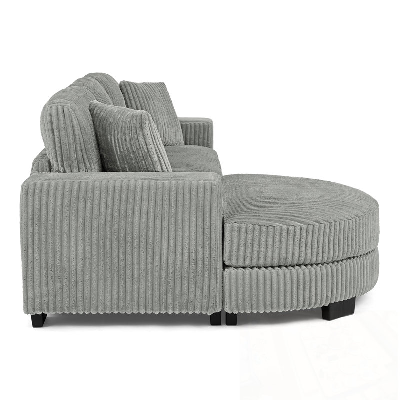 L-Shaped Sectional Sofa With Pillows And Ottoman, Gray Corduroy