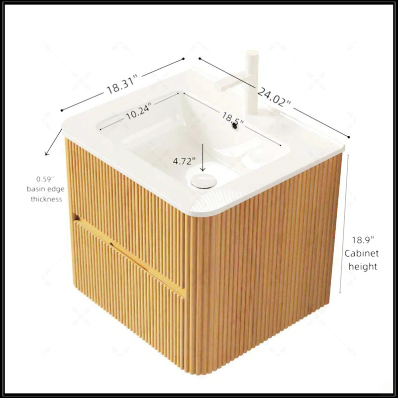 Meuble-lavabo mural flottant avec 2 tiroirs, lavabo en céramique blanche et finition grain de bois naturel, pré-assemblé pour une installation facile