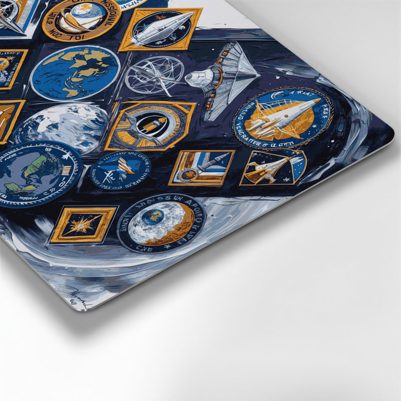 «Space Moon Landing Mission Patchs», art mural en métal gris, H 20 po x l 30 po