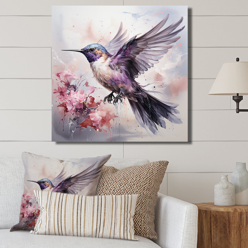 Colibri gris flottant Blooms III - Colibri, art mural animal, Toile tendue, H 36 po x l 36 po x P 1,5 po