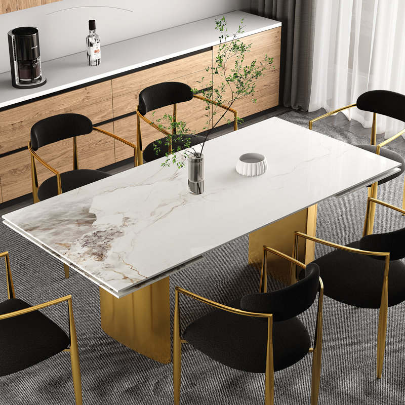 Modern 63" To 94.48" Extendable Sintered Stone Dining Table With Metal Legs , Seats 8-10, Chanel White, Gold