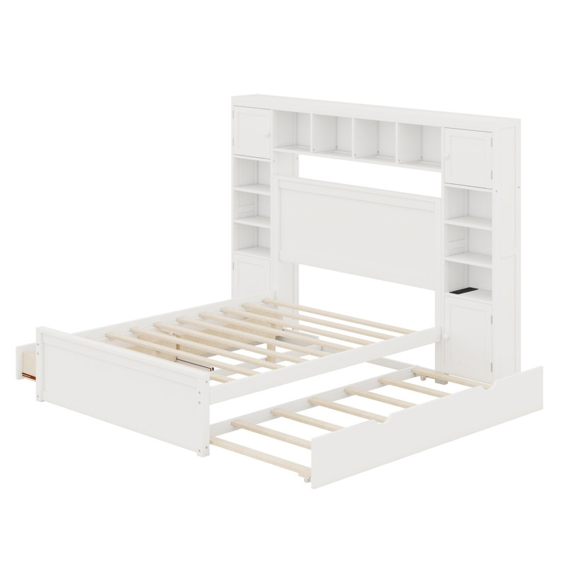 Lit en bois avec armoire tout-en-un, tablette et douilles, gigogne