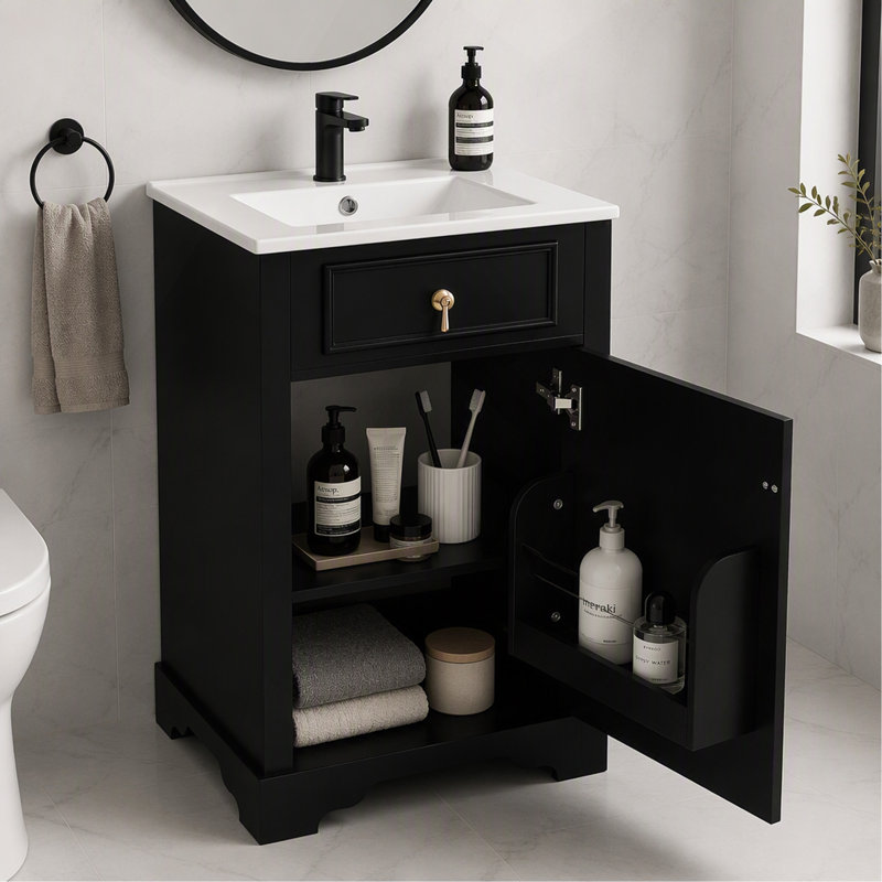 Meuble-lavabo moderne autoportant de 50 cm avec lavabo en céramique, porte simple à fermeture en douceur, idéal pour les petites salles de bain et les salles d'eau.