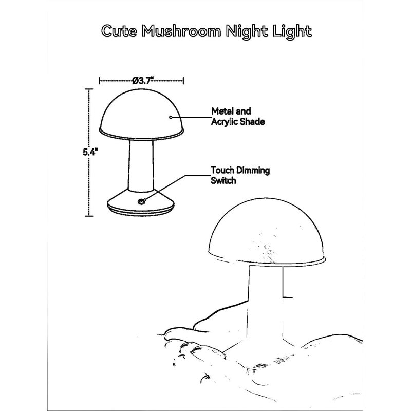 Lampe de table champignon rechargeable sans fil avec tête rotative, lumière chaude à intensité variable à 4 niveaux, batterie 2000Mah pour l'éclairage de chevet, de bureau et de nuit