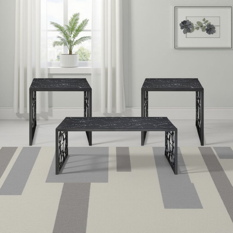 Ensemble de 3 tables basses et de tables de bout Melin, plateau géométrique en verre marbré noir