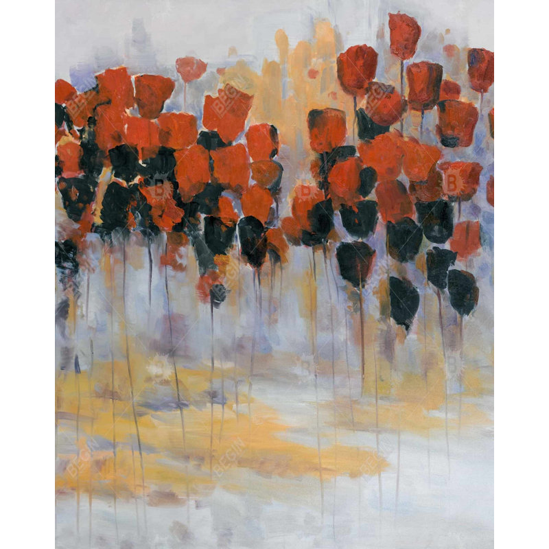 Red Flowers Field Print On Canvas