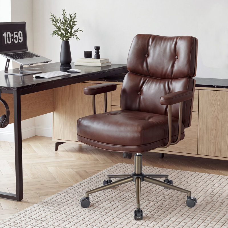Ergonomic Faux Leather Swivel Office Chair with Walnut Wood Backrest, Brown